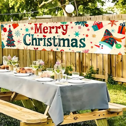 Image of Christmas Tree and Snowman Banner 78.7 x 17.7 Inch Colorful Tree Gift and Snowman Pattern Holiday Decoration for Yard Garden Fence Porch Patio or Winter Celebration Display