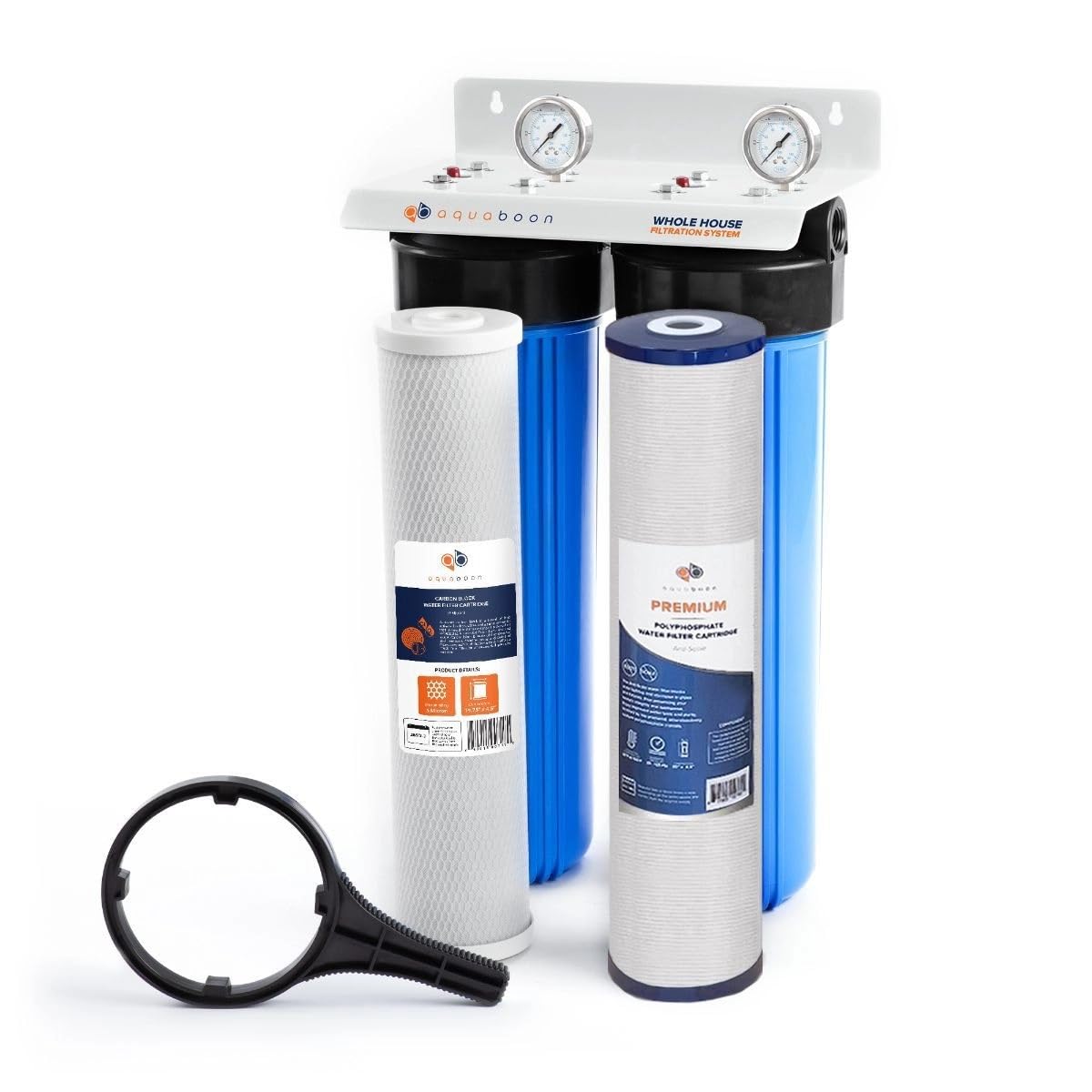 Aquaboon 2-Stage Whole House Water Filter System with 20x4.5 Sediment/Anti-Scale, Carbon Block Filters, Pressure Gauges & Release, Wrench, Bracket