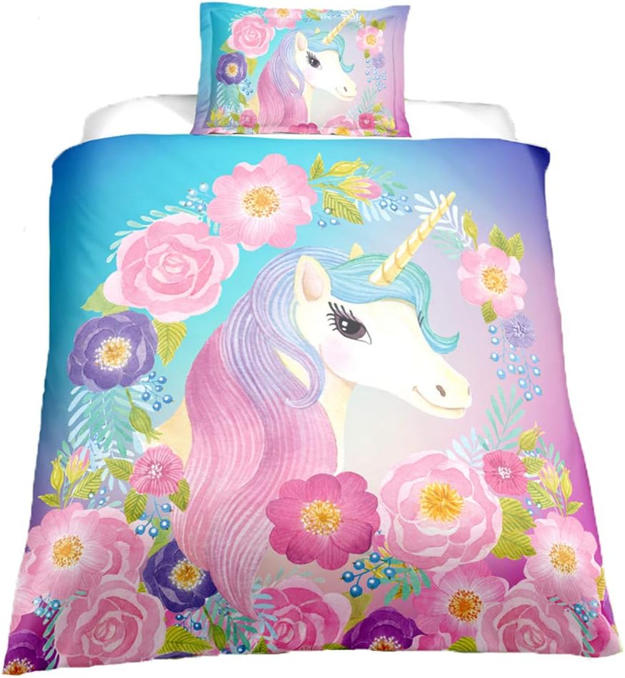 Suncloris, Cooper Girl Unicorn, Bedding Sheet Set. Included: 1 Duvet Cover, 1 Pillowcase (No Comforter Inside) (Twin)