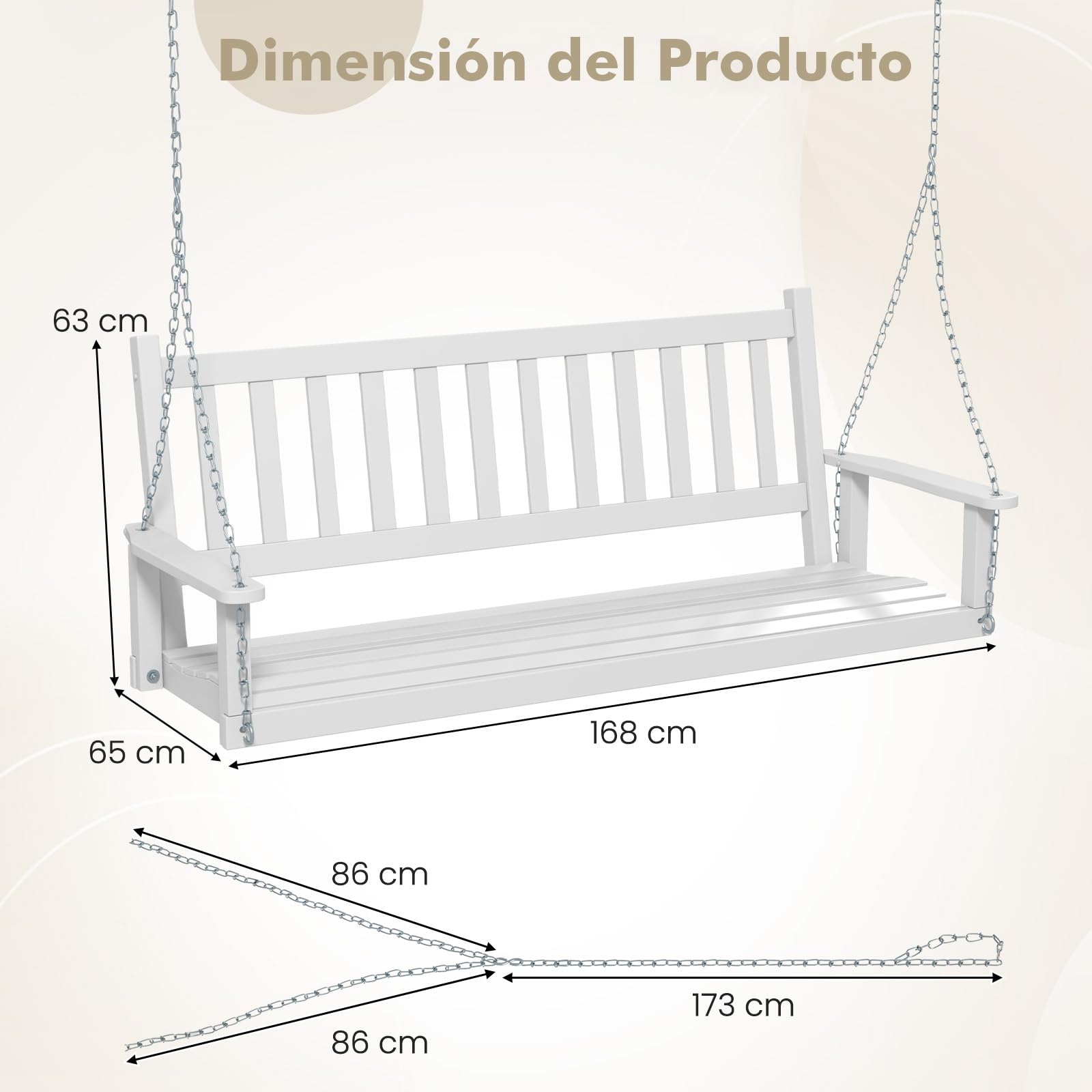COSTWAY Banco Columpio de 2-3 Plazas, Banco Colgante de Jardín, Madera de Álamo, Cadenas Ajustables de 170cm, Respaldo de Listones (168 x 65 x 63 cm, Blanco)