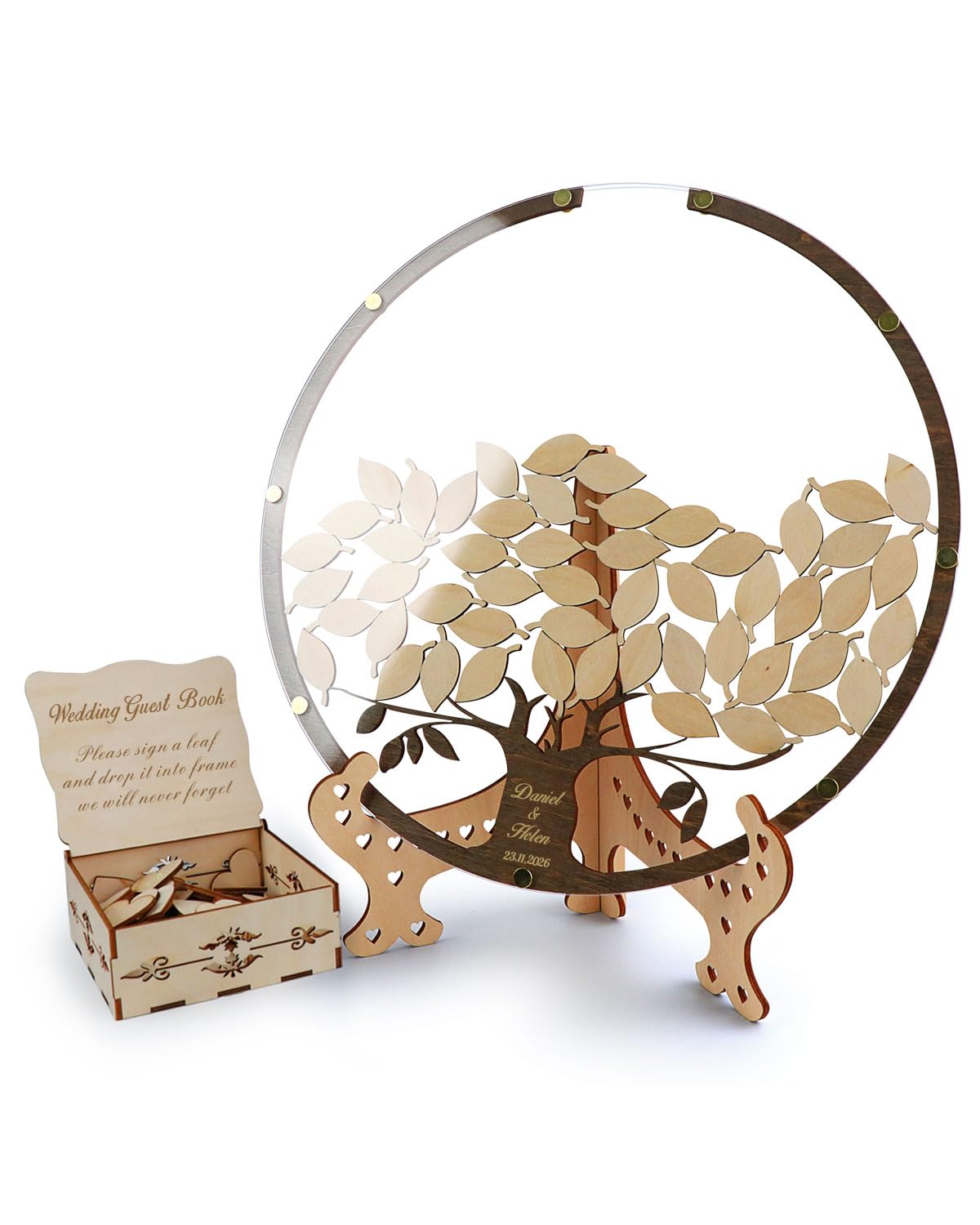 Livre d’or Arbre Personnalisable – Livre d’or de Mariage Alternatif avec Feuilles et Boîte – Cadre Rond en Bois et Acrylique pour Décoration Rustique (Anniversaire, Naissance)