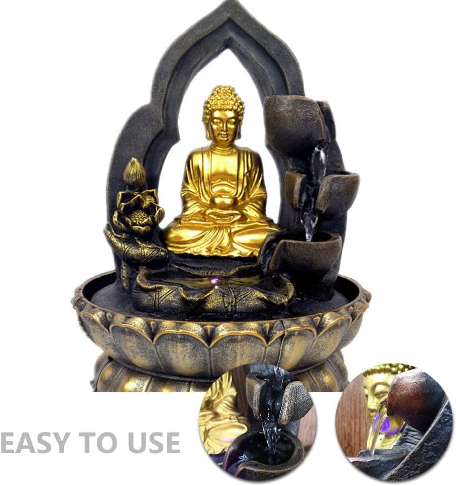 BESPORTBLE Buddha Waterfall Fountain Chinese-Style Tabletop Resin Decor Led Light Indoor Relaxation Water Feature for Meditation and Tranquil Atmosphere for Home Office