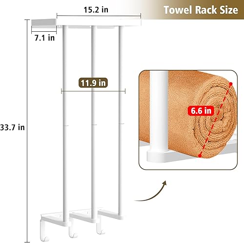 Miniatura 6 de Kayfia Toalleros para baño montado en la pared, almacenamiento de herramientas de baño con estante de metal y 3 ganchos, soporte de toalla de 3