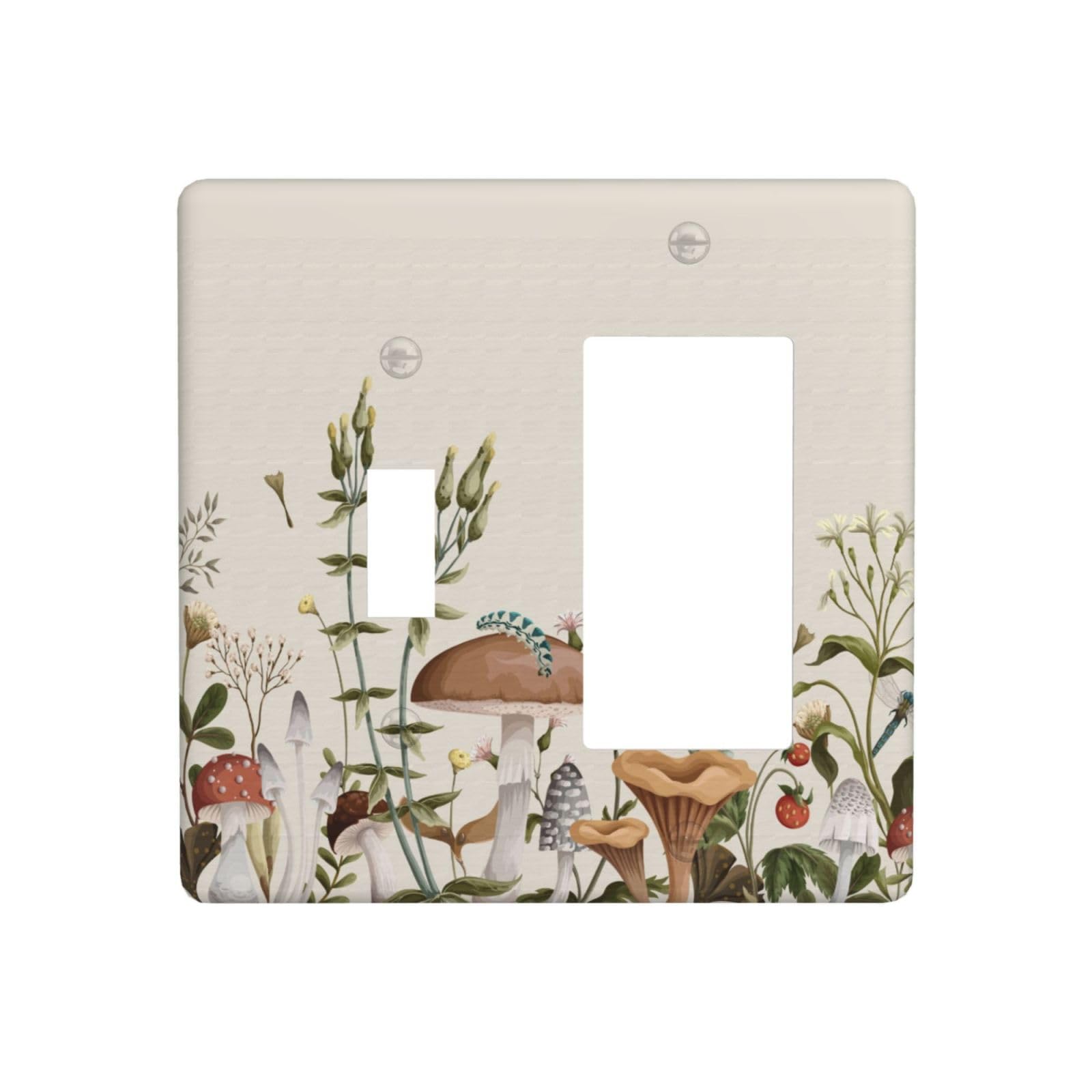 Beige Boho Mushroom Floral 2 Gang Single Toggle/Rocker Combination Light Switch Cover Decorative Combo Switch Wall Plate Cover Electrical Faceplate Room Decor