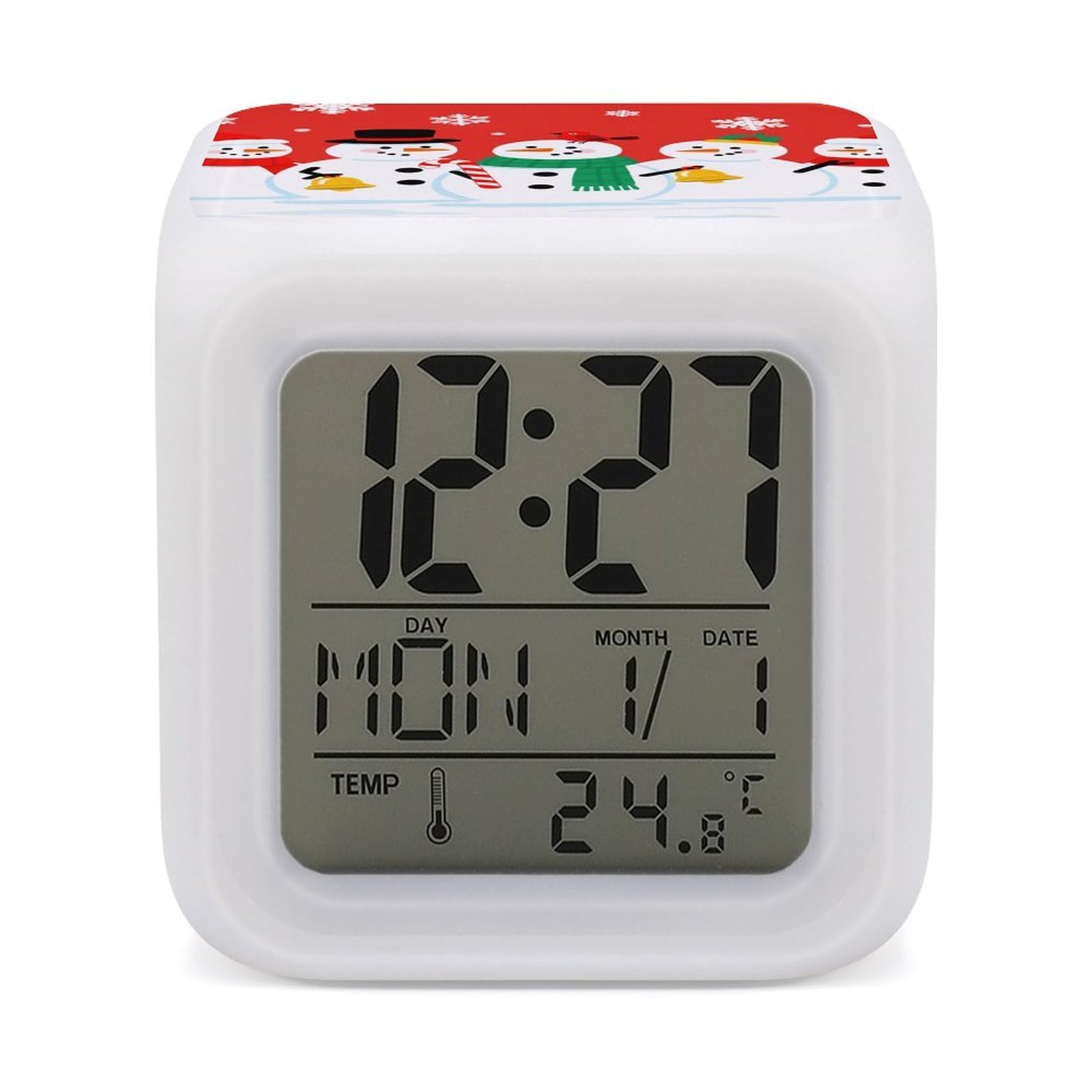 7 Color Ambient Night Light Cube Battery Operated Christmas Snowmans Digital Clock with Snooze Temperature LED Digital Alarm Clocks Dimmable Wake Up Light Portable Mood Lamp for Bedroom Desk Gift