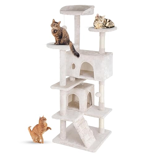 FDW | 54" Cat Tree Tower | Beige | Multi-Level Indoor Activity Center with Sisal Scratching Posts, Condos, Plush Perches, Hanging Cat Toys | Sturdy, Easy to Assemble | for Kittens & Adult Cats