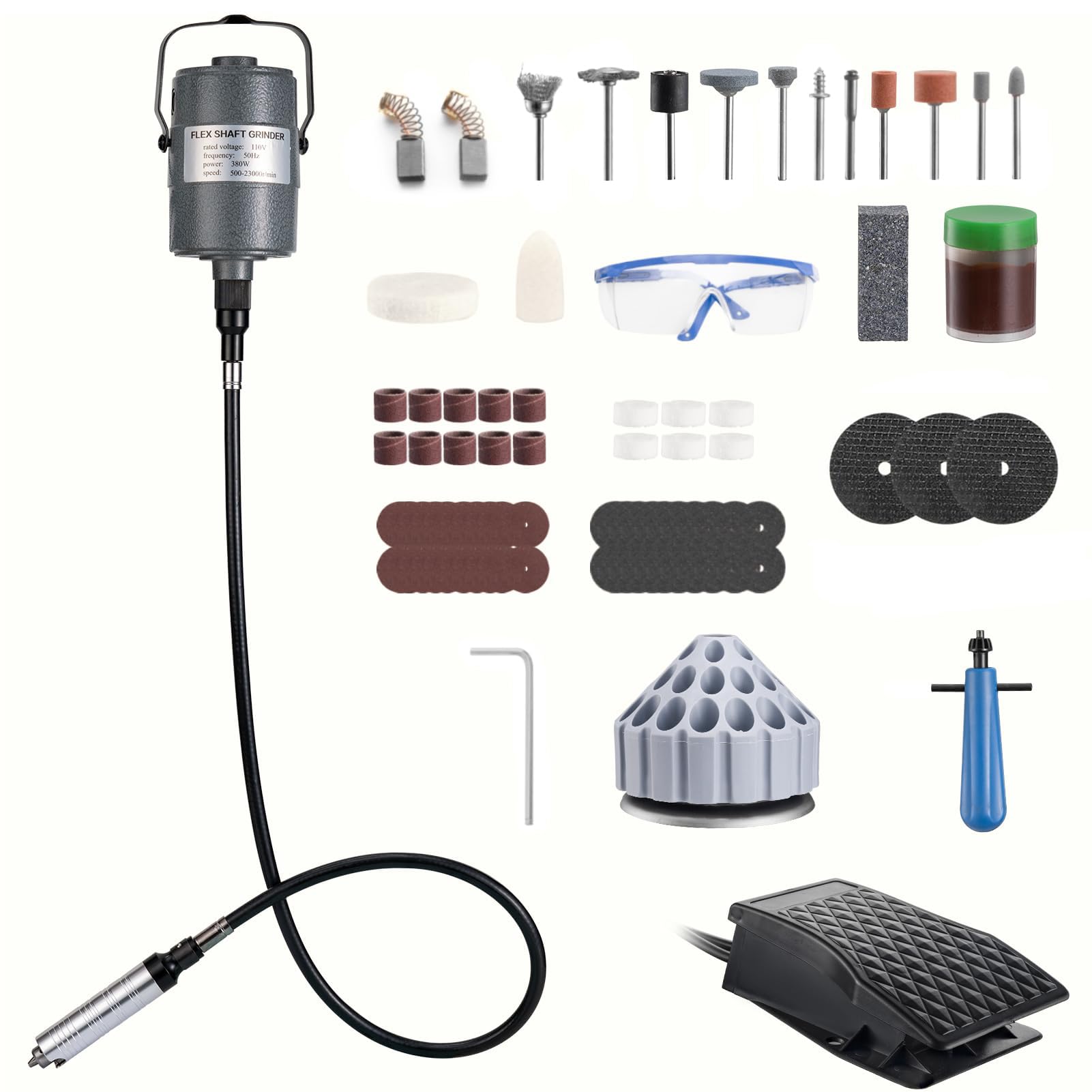 DZQ 380W Flex Shaft Grinder with Foot Pedal, 500–20,000 RPM Rotary Tool Kit with 3-Jaw Chuck & 83 Accessories, Safety Glasses, for Grinding, Carving,