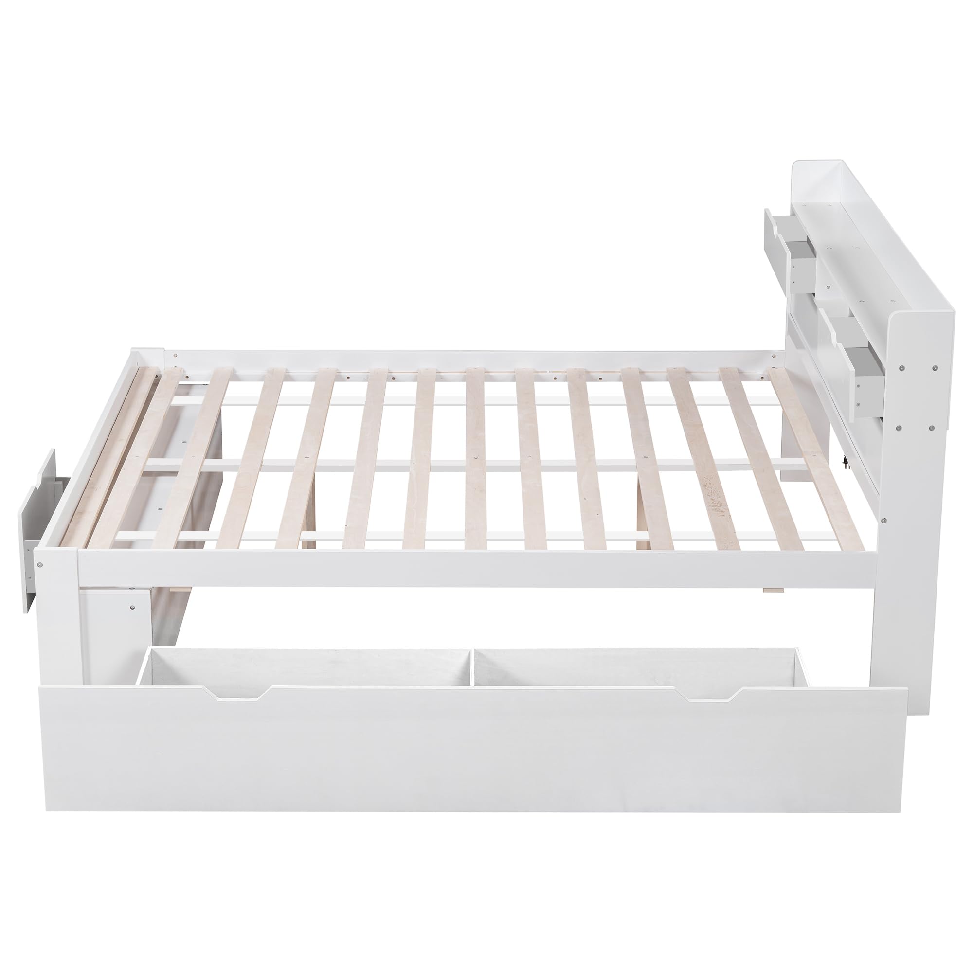 Doppelbett 140x200, Holzbett mit Schubladen & Bücherregal & Stauschrank, Stauraum-Kopfteil Bett mit USB Ladefunktion & Steckdose, Funktionsbett Kinderbett Jugendbett Stauraumbett, Ohne Matratze, Weiß