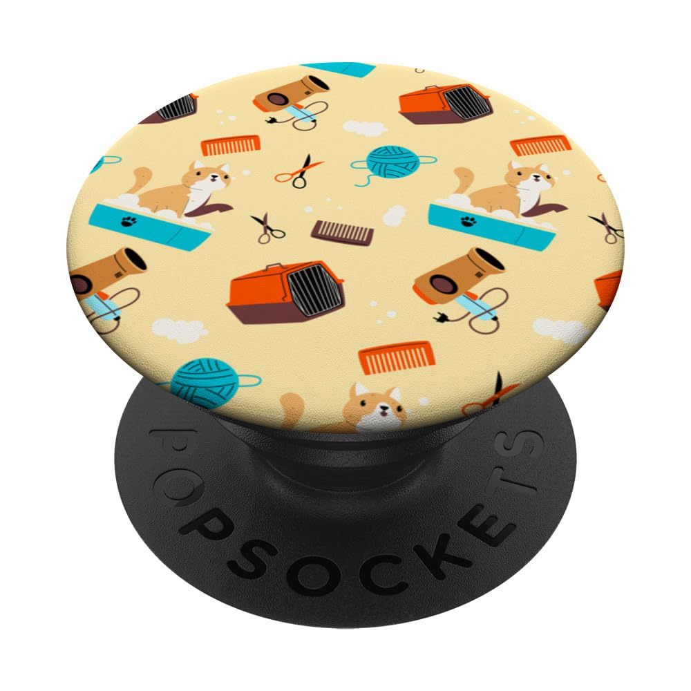 Cat Grooming Cute Color Pattern Graphic Background PopSockets Swappable PopGrip, Black