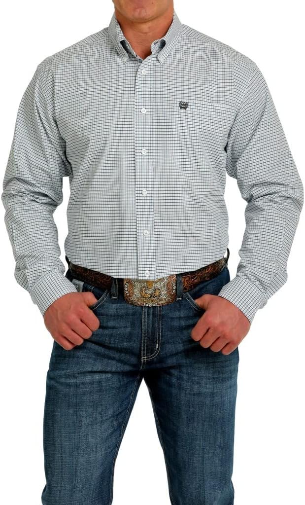 Cinch Men's Blue and White Print ButtonDown Cream M