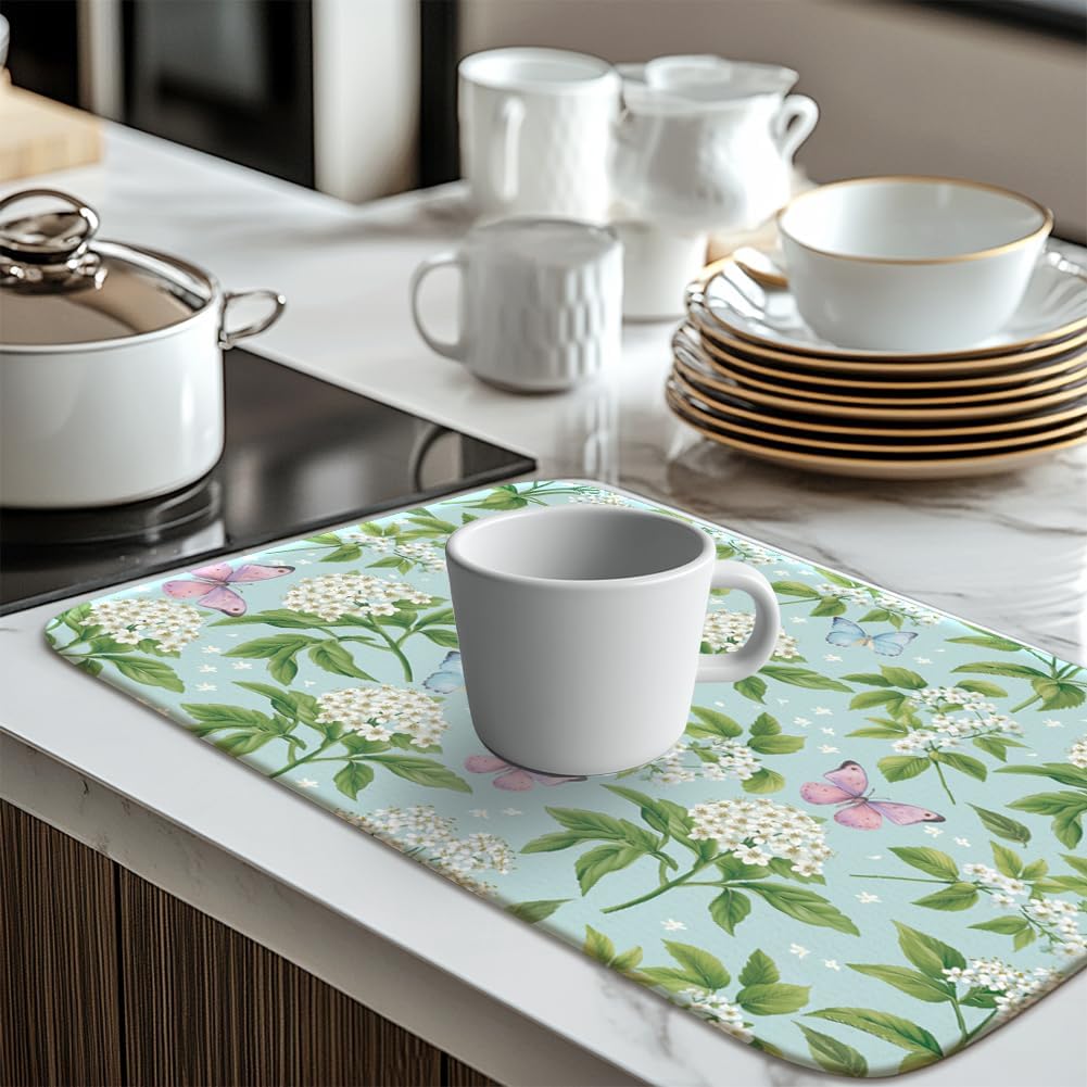 Kitchen Dish Drying Mats Flower and Butterfly Patterns Rubber Mat Counter Microfiber Absorbent Dish Drying Mat Reusable Washable for Home and Kitchen Counter 18"x24"