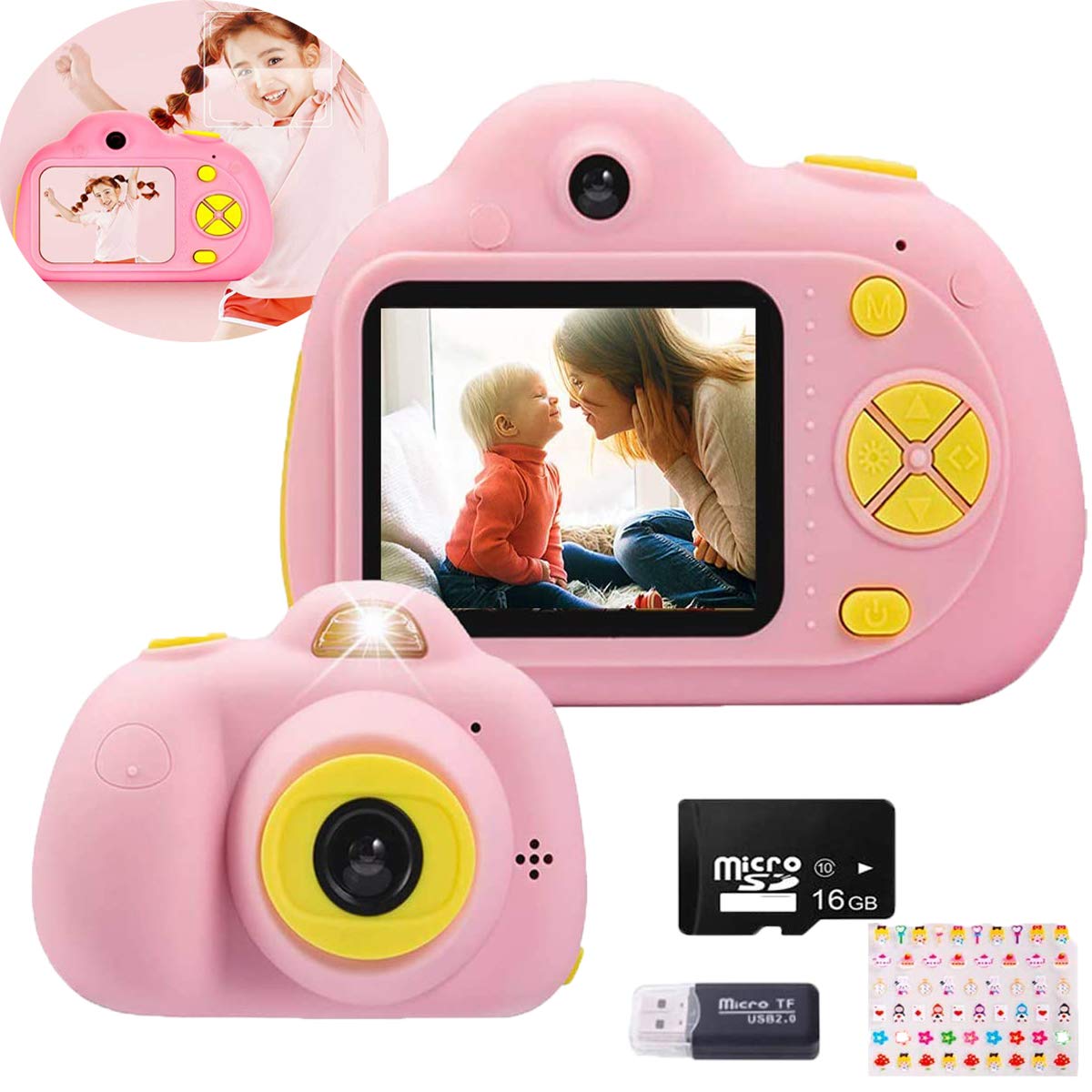 Olymbros Kids Camera 8MP 1080P Dual Camera Video Recorder Rechargeable Digital Front and Rear Selfie Camera Child Camcorder Toys Gift for 4-10 Years Old Boys and Girls (Pink) 16GB TF Card Included