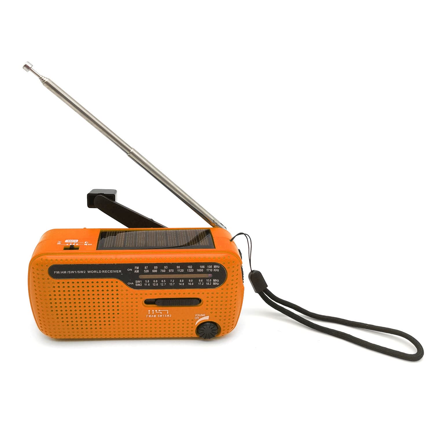 Radio solare di emergenza multifunzione, con dinamo e torcia, frequenze FM AM, riceve segnali da tutto il mondo, colore arancione