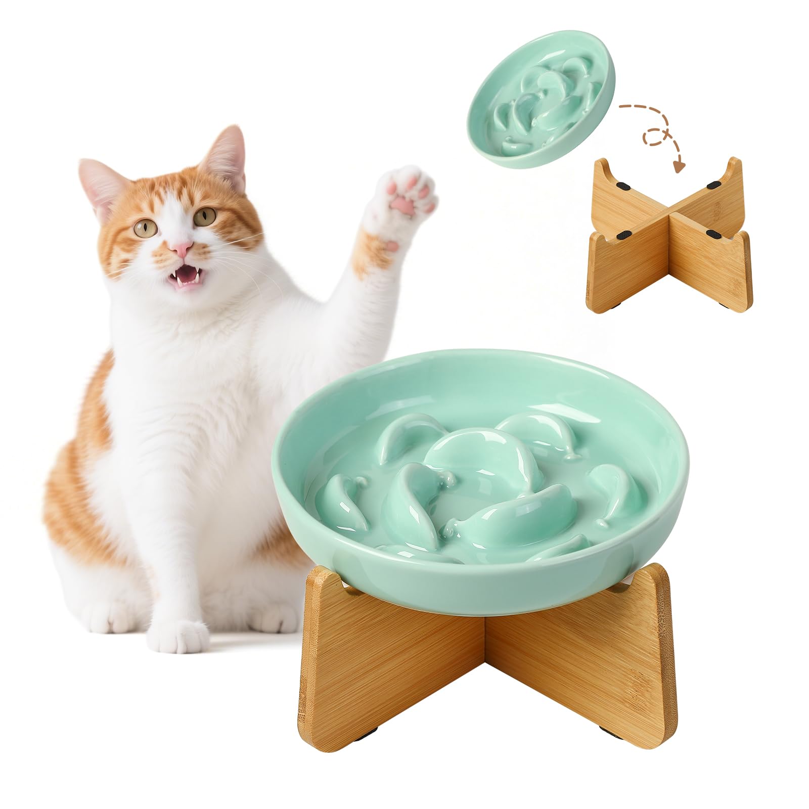 Elevated Slow Feeder Cat Bowl - Ceramic Cat Food Dish with Anti-Slip Bamboo Stand - Whisker Friendly Feeding Bowl - Raised Maze Plate for Slow Down Eating - Mint Green