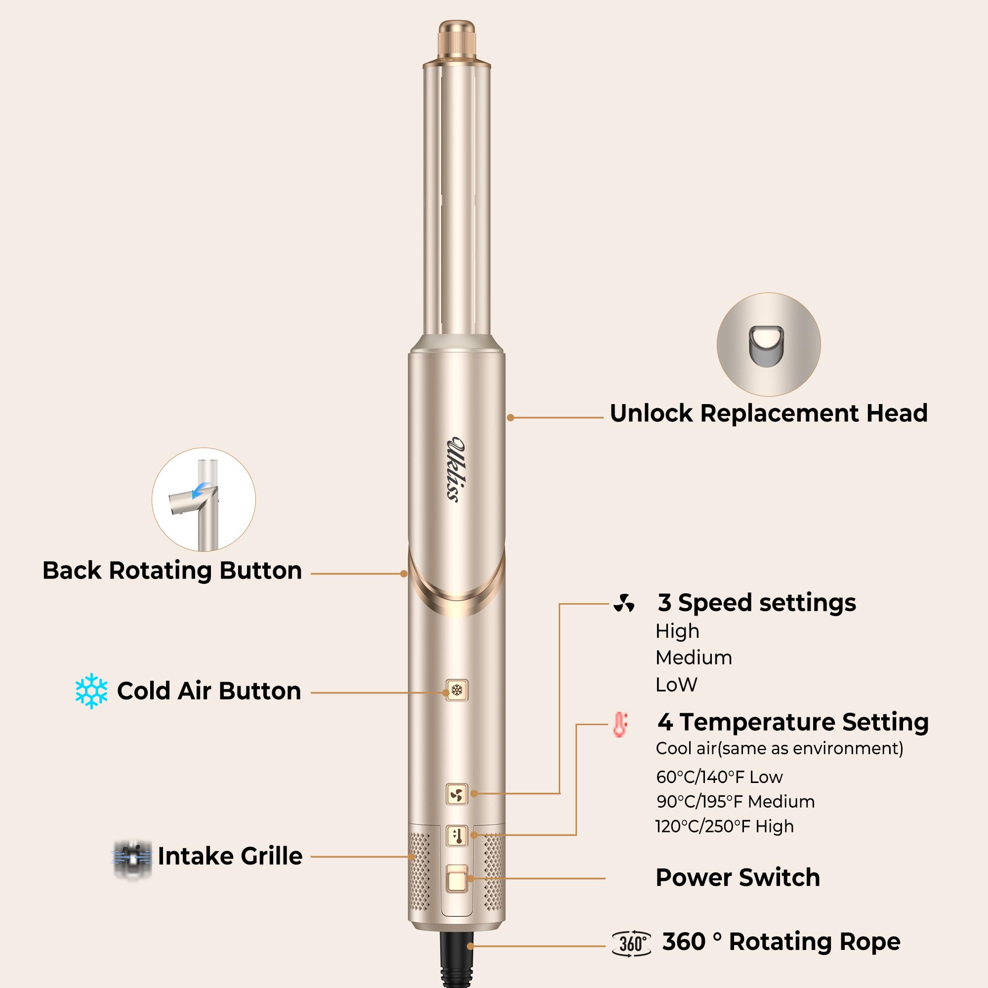 UKLISS Pro Airstyler Hairstyler Juego 8 en 1, secador de pelo de iones de alta velocidad, cepillo con flujo de aire automático, rizador, alisador, cepillo de volumen y antiencrespamiento, secado