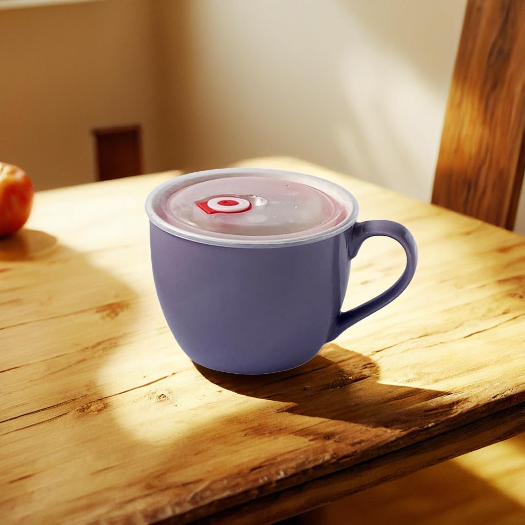 BOWLLER 30oz Porcelain Bowl with Lid and Handle for Soup, Salad, Cereal and Instant Noodles, Soup Mug with Heat Preservation Handle, Purple and Yellow