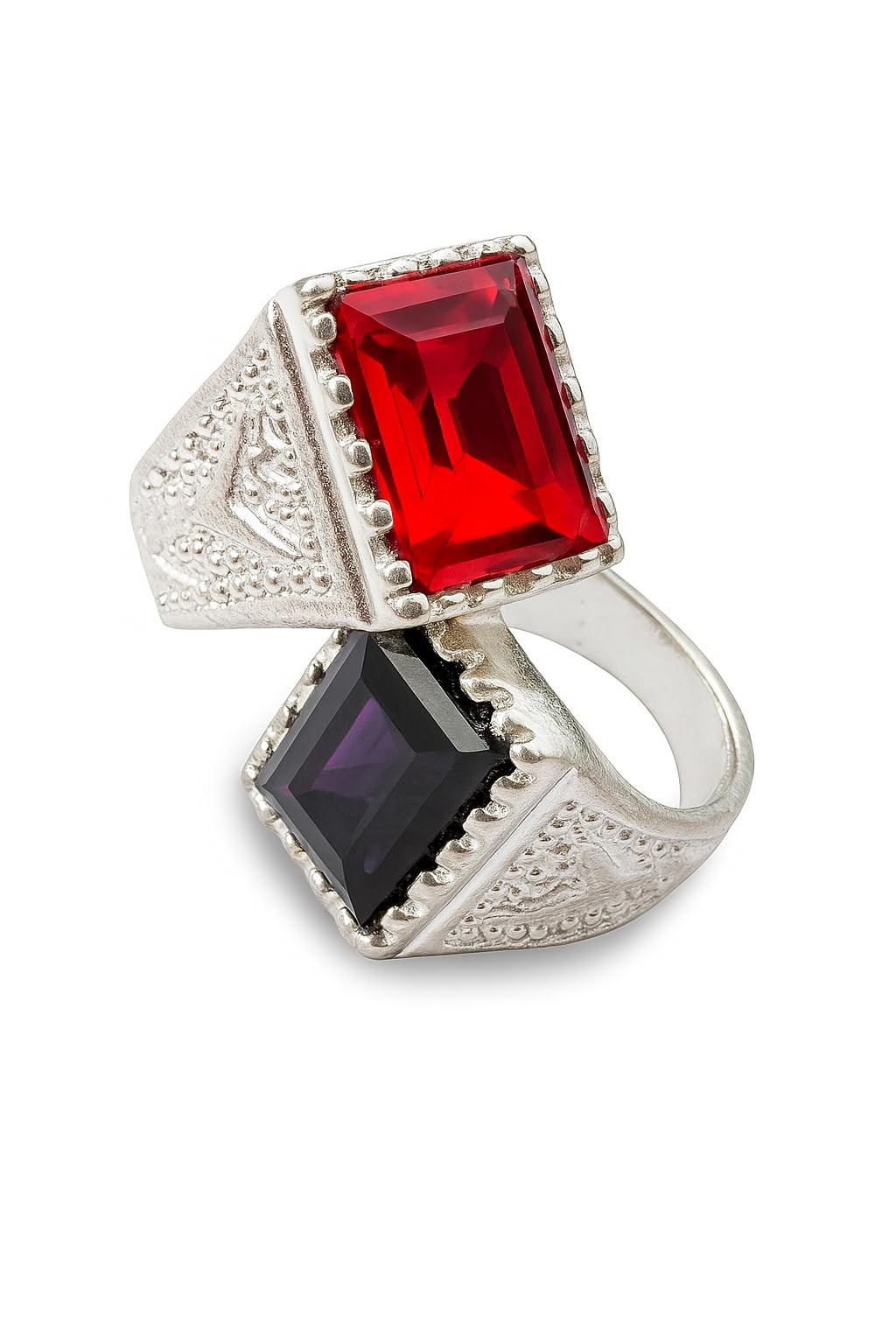 Vintage Statement Ring with Dual Square Stones, Antique Silver Tone, Ornate Metalwork, One Size-image-37