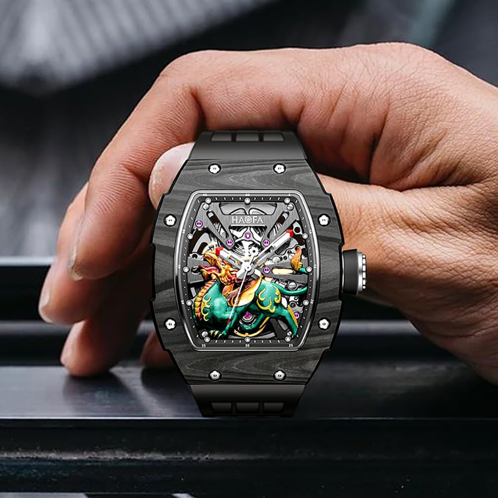 aofa Automatische mechanische Uhr für Männer 3D geschnitzt verheißungsvolle Biest Zifferblatt Sapphire wasserdichte leuchtende Uhr Luxus Skelett Herren Uhr 80H Power Reserve 1972