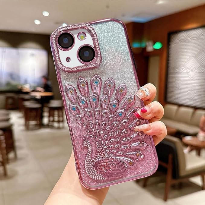 Image of mobistyle Designed for iPhone 14,3D Diamond Luxury Electroplate Glitter Peacock Tail Bling Design Camera Protection Shockproof Phone Back Cover Case for (Pink, iPhone 14)