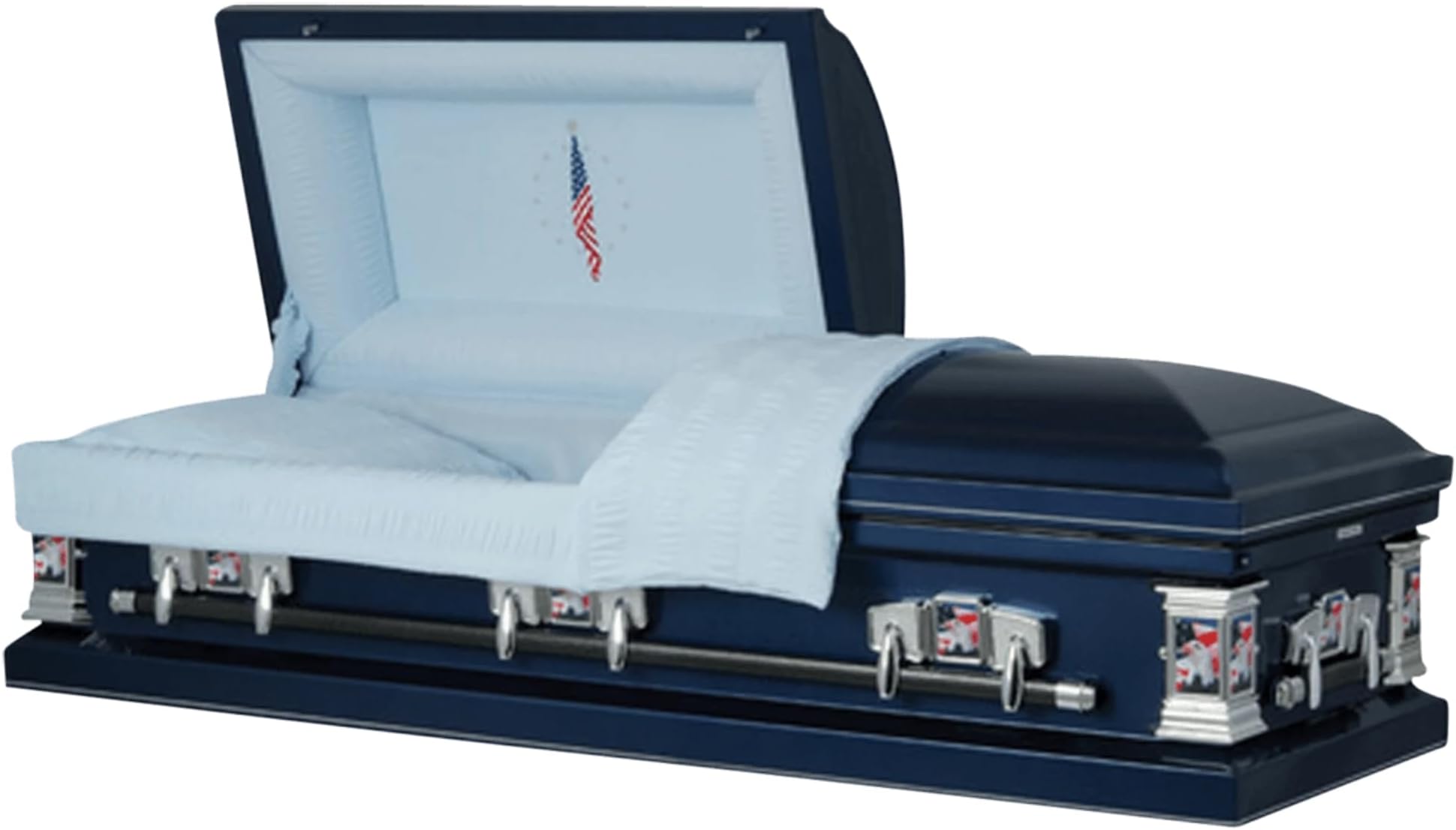 Veteran Steel Casket (Dark Blue) Handcrafted Funeral Casket - Dark Blue with Light Blue Crepe Interior, Flag at Rest Head Panel and Patriotic Hardware