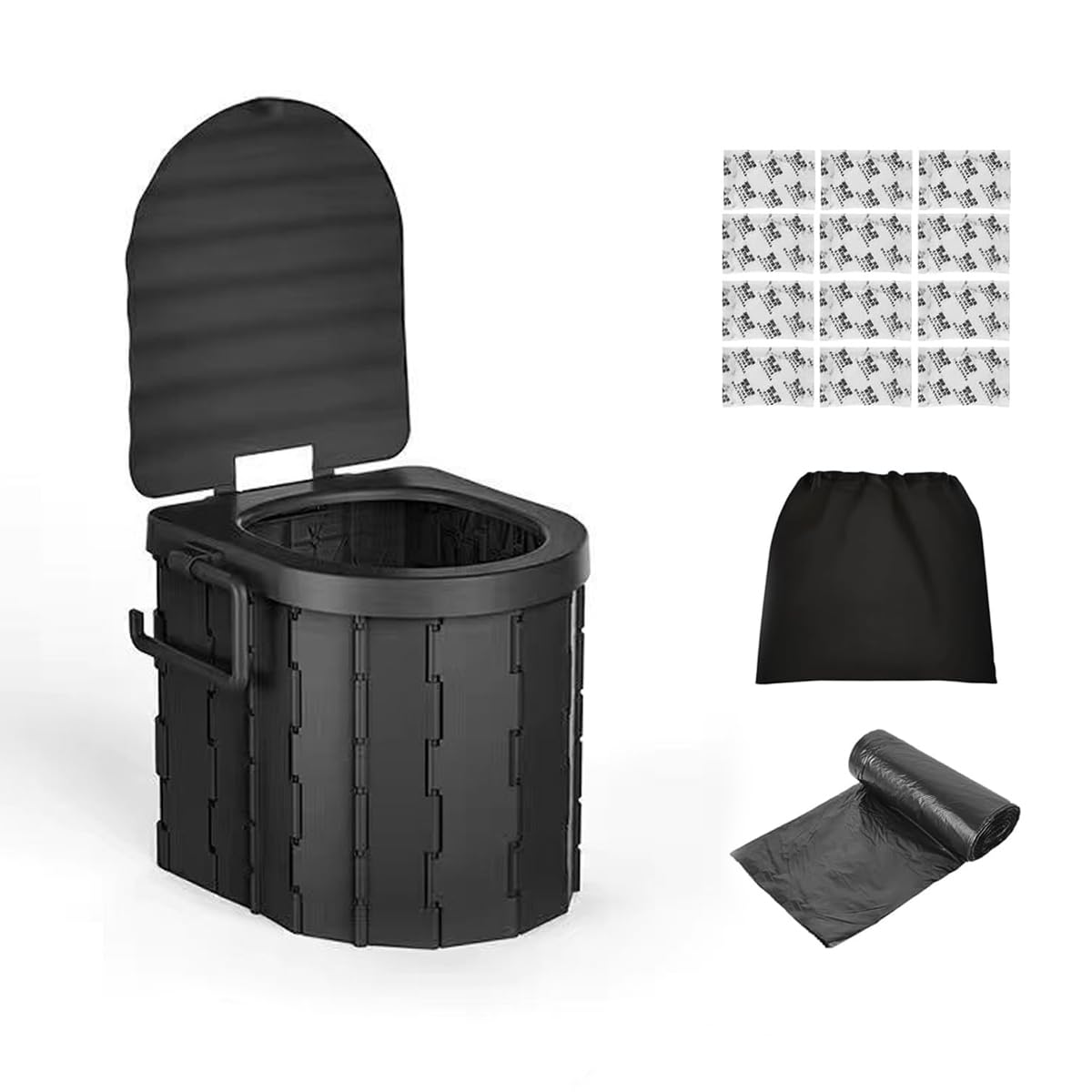 MostNowPortable Toilet for Adults,12'' Camping Toilet with Lid and Removable Paper Holder,Travel Potty for Camping, Hiking,Foldable Portable Potty for Outdoor and Emergency Use (Black)
