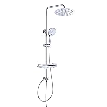 JOHO Colonna Doccia idromassaggio Colonna Doccia con Soffione Senza Miscelatore Set Doccia Completo Sistema Doccia a pioggia con Porta Ogetti Mensola Colonna in Acciaio INOX (D20cm Tondo)