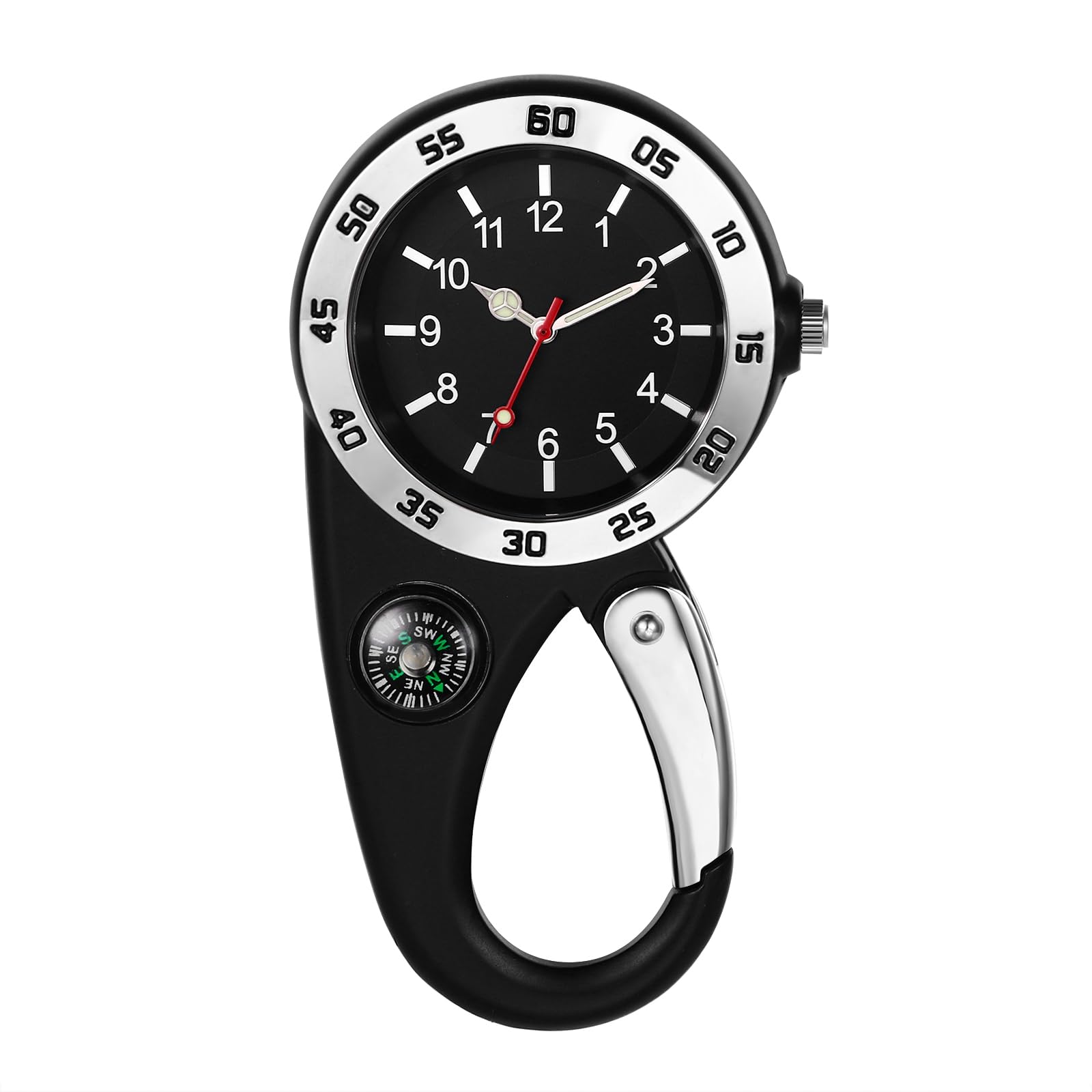 Avaner Montre de poche avec mousqueton - Montre à dos - Boucle avec aiguilles lumineuses - Petite lampe de poche - Unisexe - Mouvement à quartz analogique FOB - Pour escalade, sport, activités de
