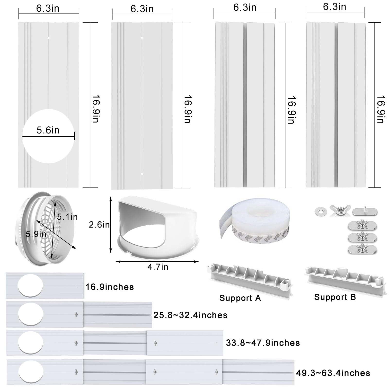 Kit de ventana de aire acondicionado portátil con acoplador universal para manguera de escape de 5.1 pulgadas/5.9 pulgadas, kit de sellado de ventilación de ventana de aire acondicionado móvil con 4