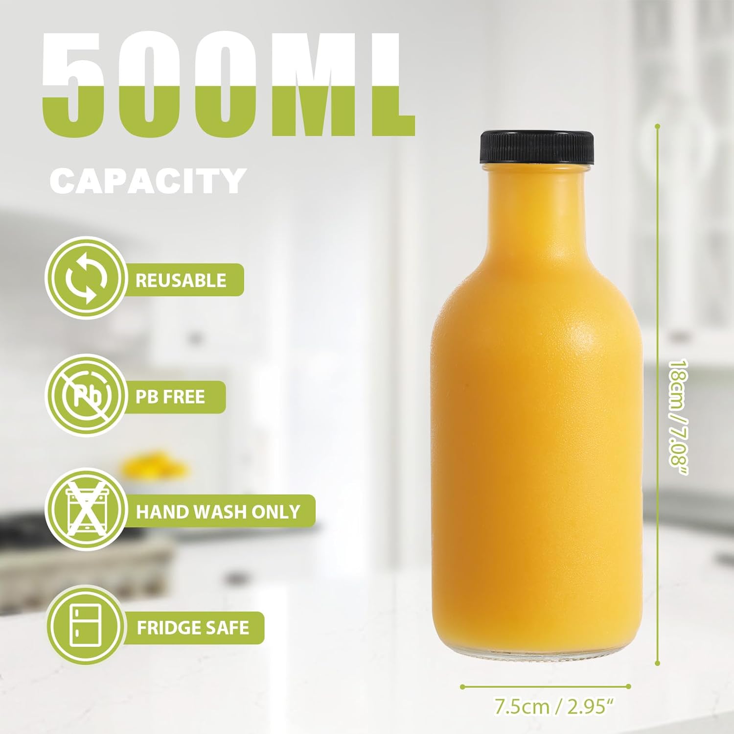 Danmu 10 Pack Glass Juice Bottles with Lids 16 oz,Juicing Bottles Reusable Glass 100% Leakproof for Juicing,Water,Kombucha,Milk,Milkshake,Coffee,Dishwasher Safe - Image 2