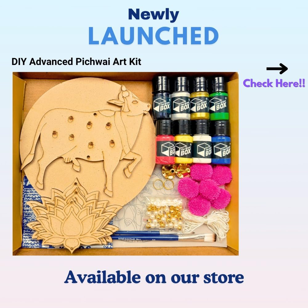 The Brown Box® DIY Pichwai Painting Kit for Adults & Beginners – MDF Cow & Lotus Cutouts Craft Set with Beads, Rings & Pom Poms – Traditional Indian Art Wall Hanging Hobby Kit & Gift Set 3