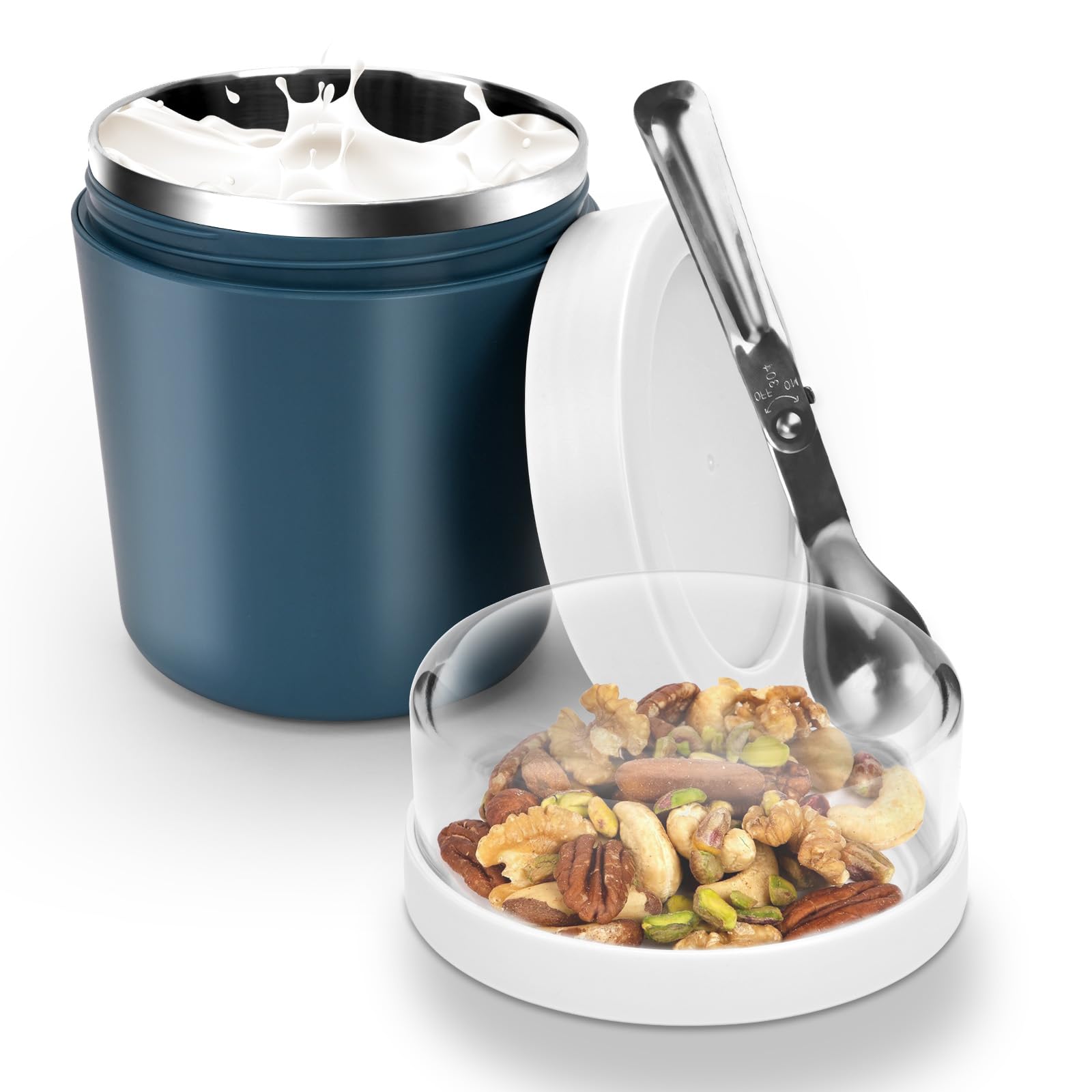 Kubek na musli na wynos 500 ml + 220 ml, ze stali nierdzewnej, z łyżeczką, izolowany, szczelny, w podróży, do zmywarki, zamrażarki i kuchenki