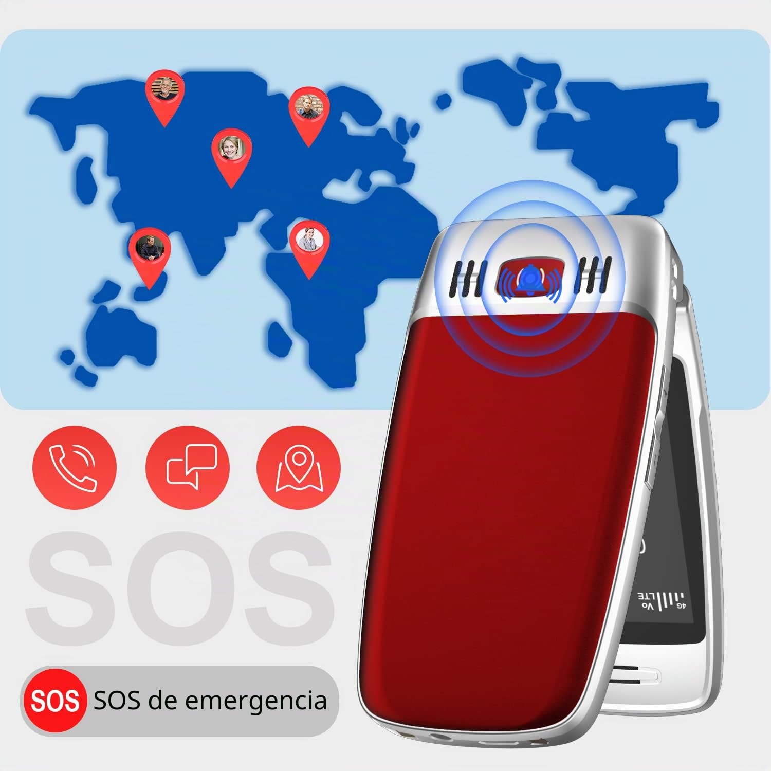 Easyfone T300 4G Teléfono Móvil para Mayores con Tapa y Teclas Grandes, Audífonos Compatibles, Botón SOS con GPS, Cámara de 2.0MP, Telefono Fácil de Usar para Ancianos con Base de Carga (Rojo)
