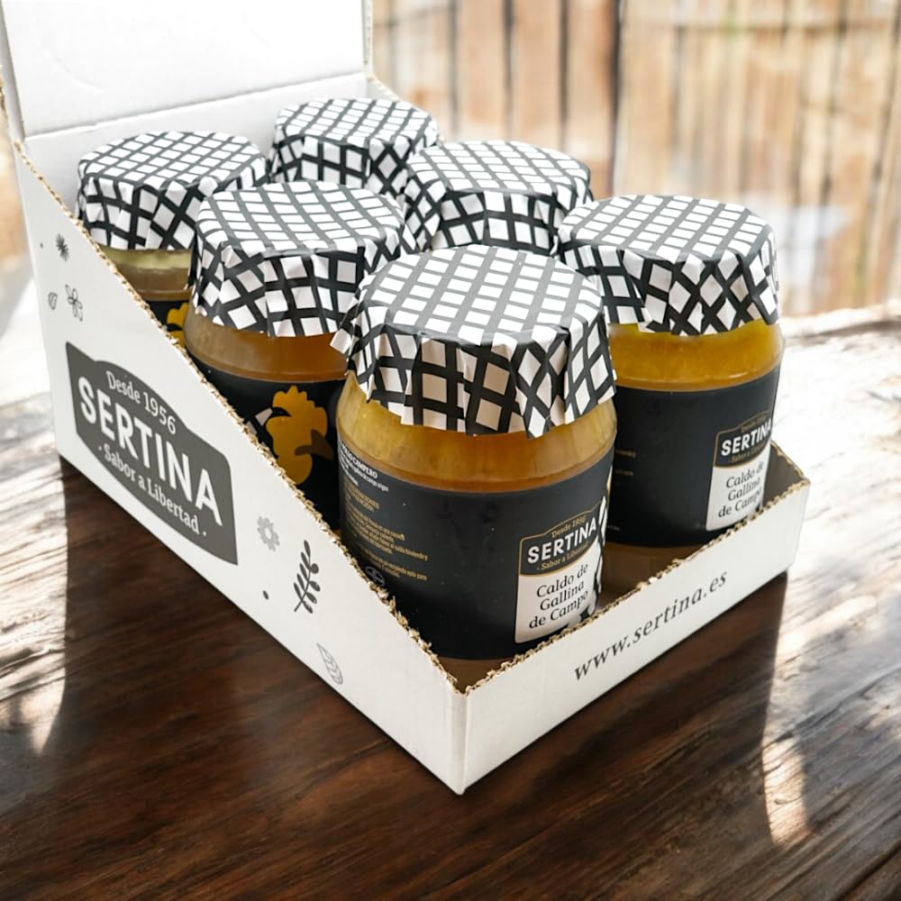Sertina Caldo De Pollo Campero Criado Al Aire Libre pack de 6 | 6X950g | El Único Caldo Del Mercado Con 830G De Pollo Por Tarro | Sopa 100% natural | Sin conservantes | Cocido a fuego lento