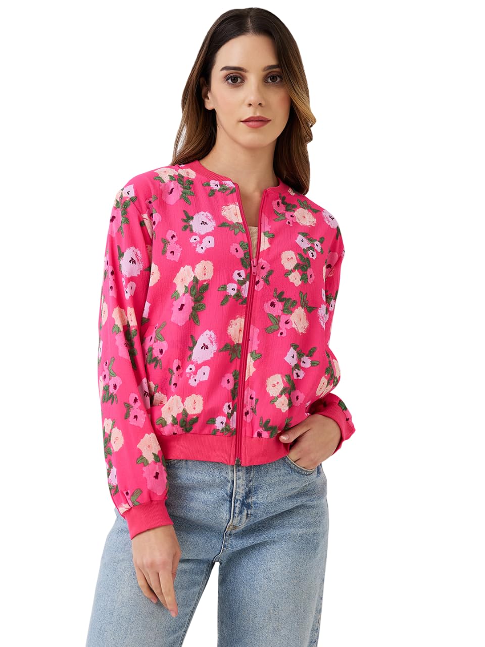 9 impression Women's Bomber Jacket, Maroon with Black Contrast, Poly Crepe, Ribbed Neck and Cuffs, Side Pockets, Oversized Style Jackets-picture-53