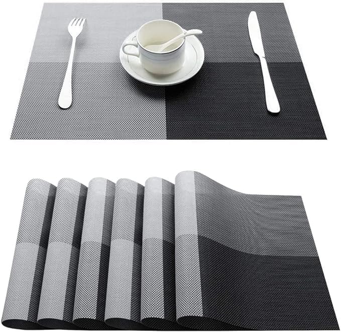 Image of OXSAM Placemats, Heat Insulation Non-Slip Vinyl mats, Stain-Resistant Tablemats for Home and cafe Dining Table Decor (Black & Gray Checks, Pack of 6)