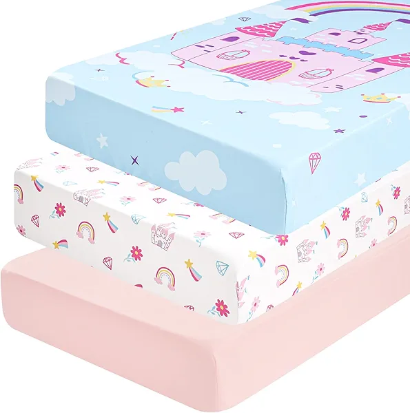 PHF 3 Pack Soft Castle Crib Sheets Fitted, Comfy Breathable Baby Sheets for Girls, 28x52 Inches Fits Standard Crib and Toddler Mattresses, Castle