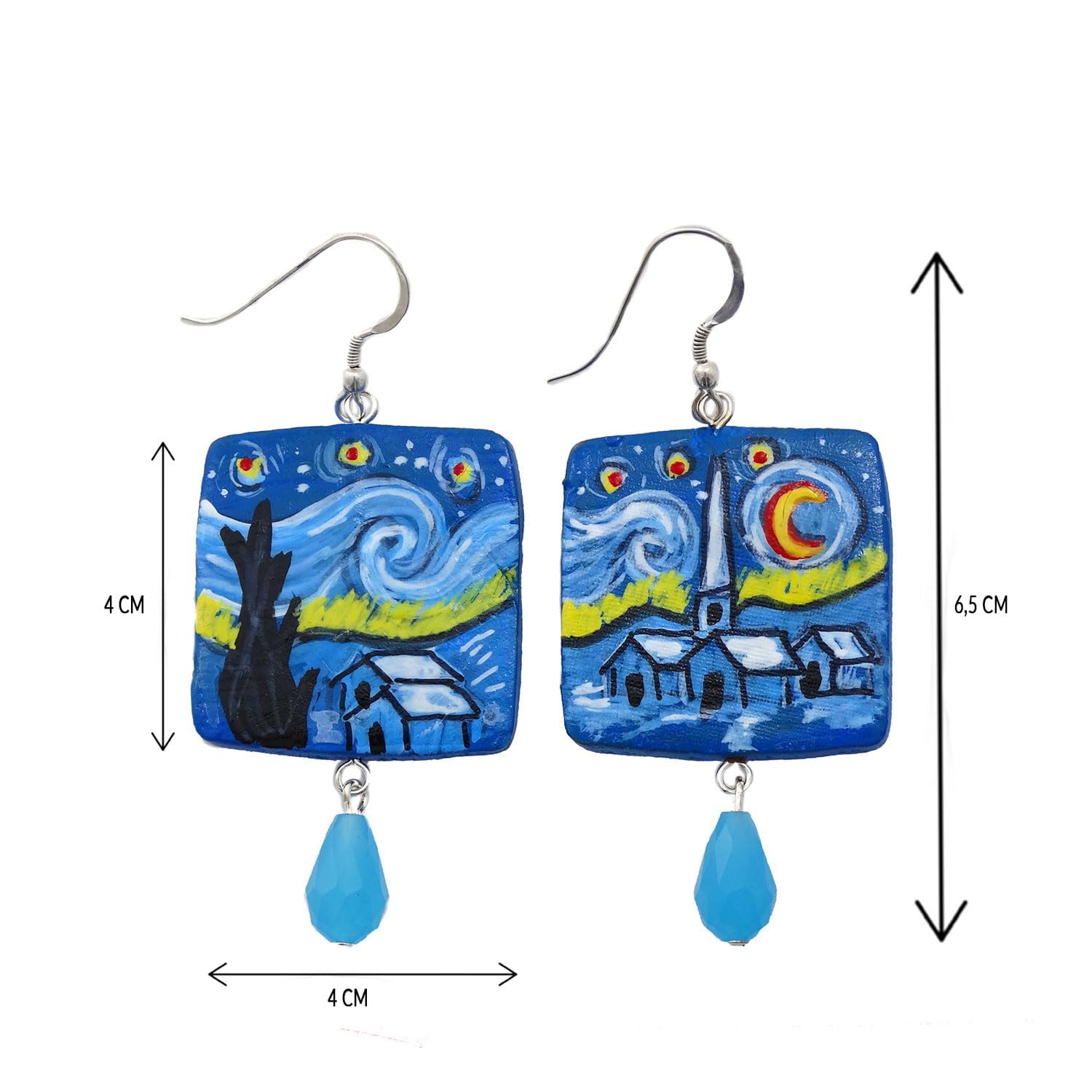 Boucles d'oreilles en céramique peintes à la main - LA NUIT ÉTOILÉE TABLEAU CÉLÈBRE - Boucles d'oreilles pendantes pour femme, Bijoux en céramique peinte, Crochet en argent, Fabriqué en Italie