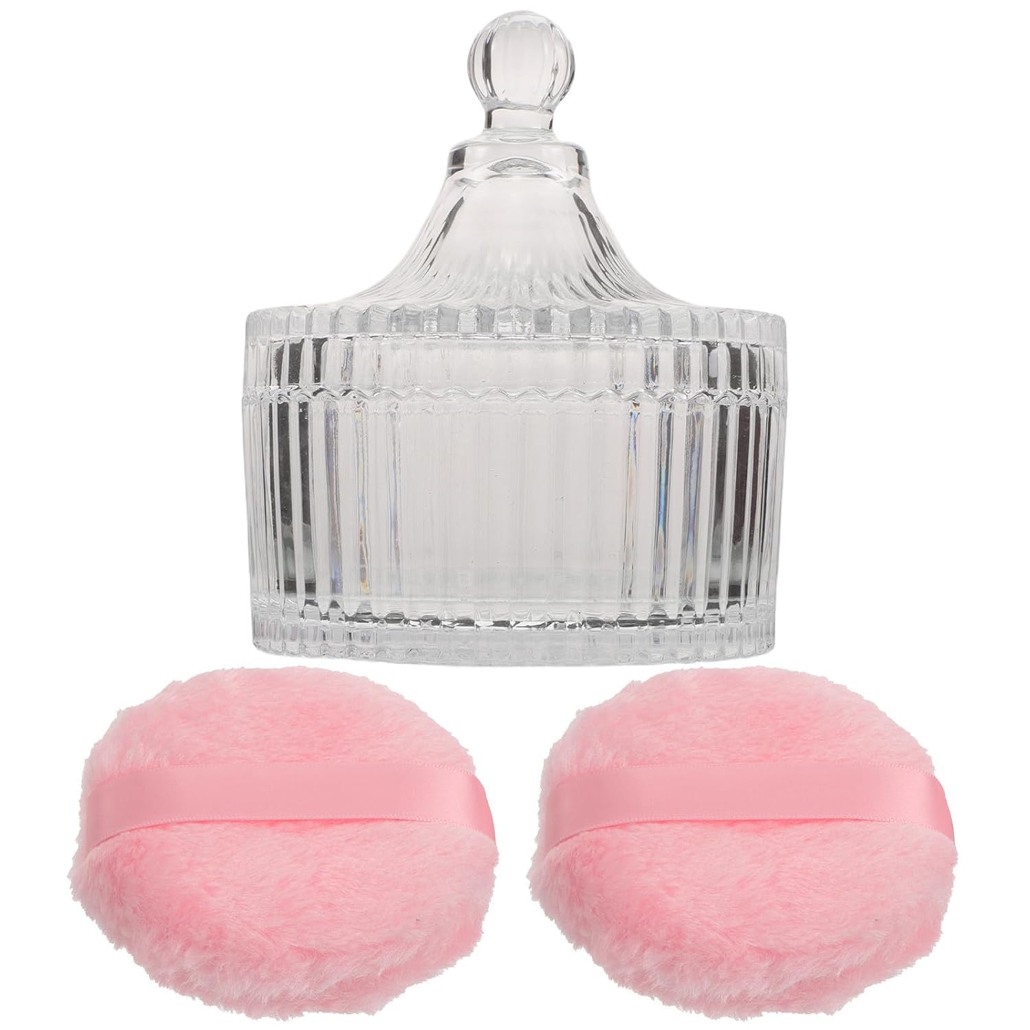 VOSAREA Glass Powder Jar with Long Plush Velvet Powder Puff Set Refillable round Glass Container with Ribbon Handle and Detachable Lid for Nursery Use