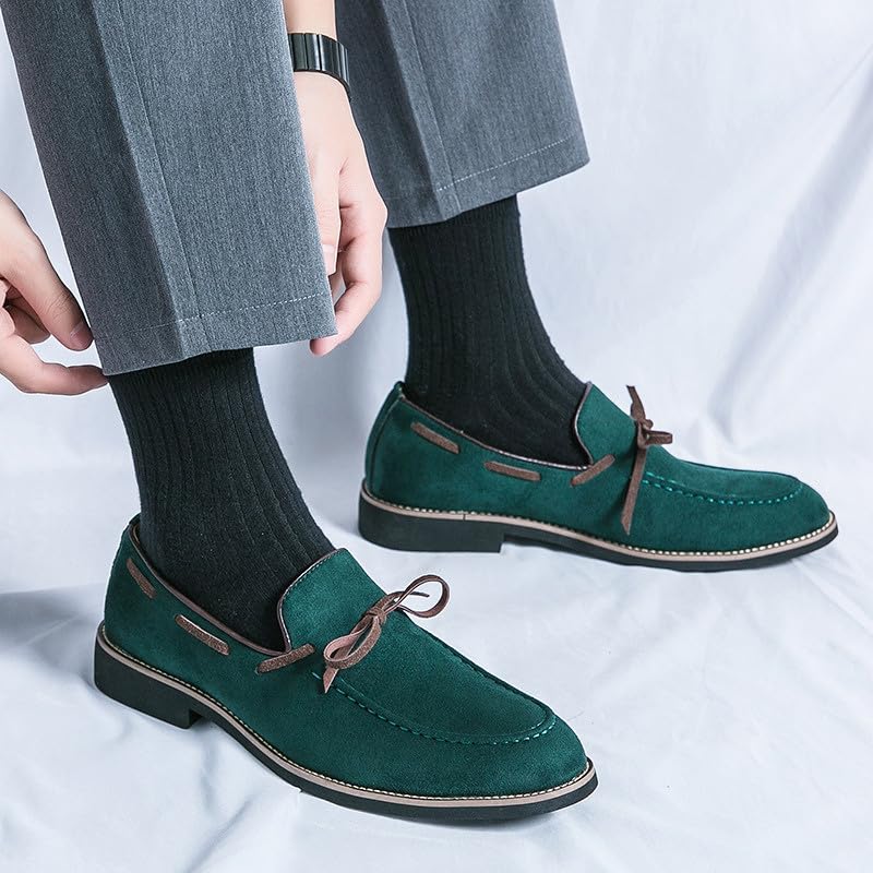 Santimon Men's Suede Moccasin Loafers Slip-On Casual Shoes with Bow Tie Detail Navy Green Brown3
