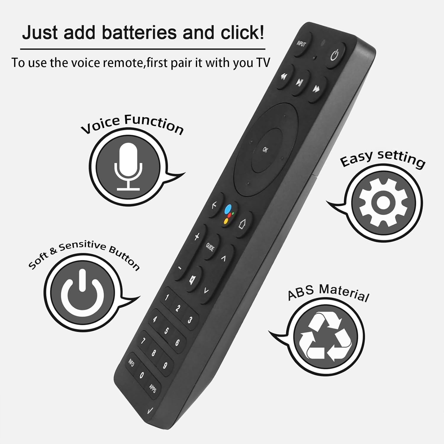 Image highlighting key features of the ASK-STI6220 remote, including voice function, easy setting, soft & sensitive buttons, and durable ABS material.