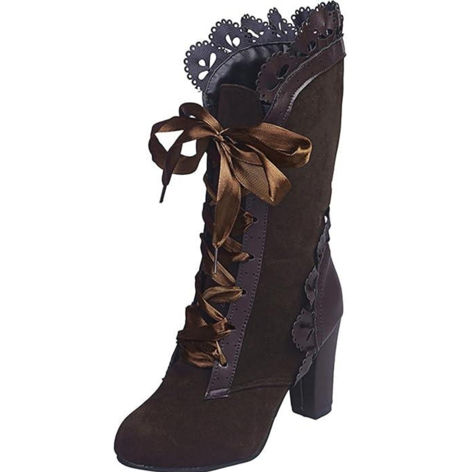 Victorian Boots For Women Vintage Lace Up Chunky Heels Mid Calf Booties Casual Renaissance Halloween Witch Cosplay Shoes