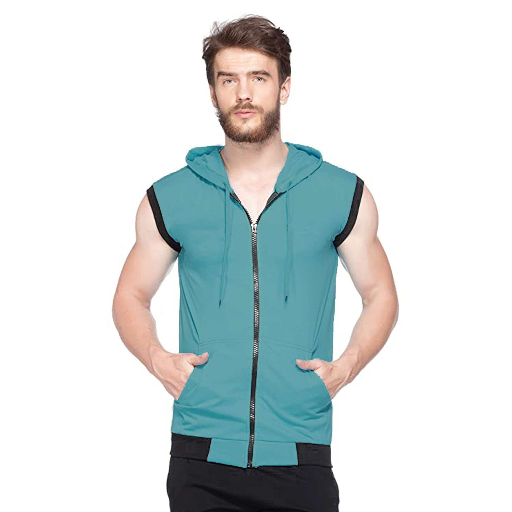 Men's Cotton Blend Hooded Sleeveless Tshirt (625-xl_Petrol_XL) Pack of 1-image-31