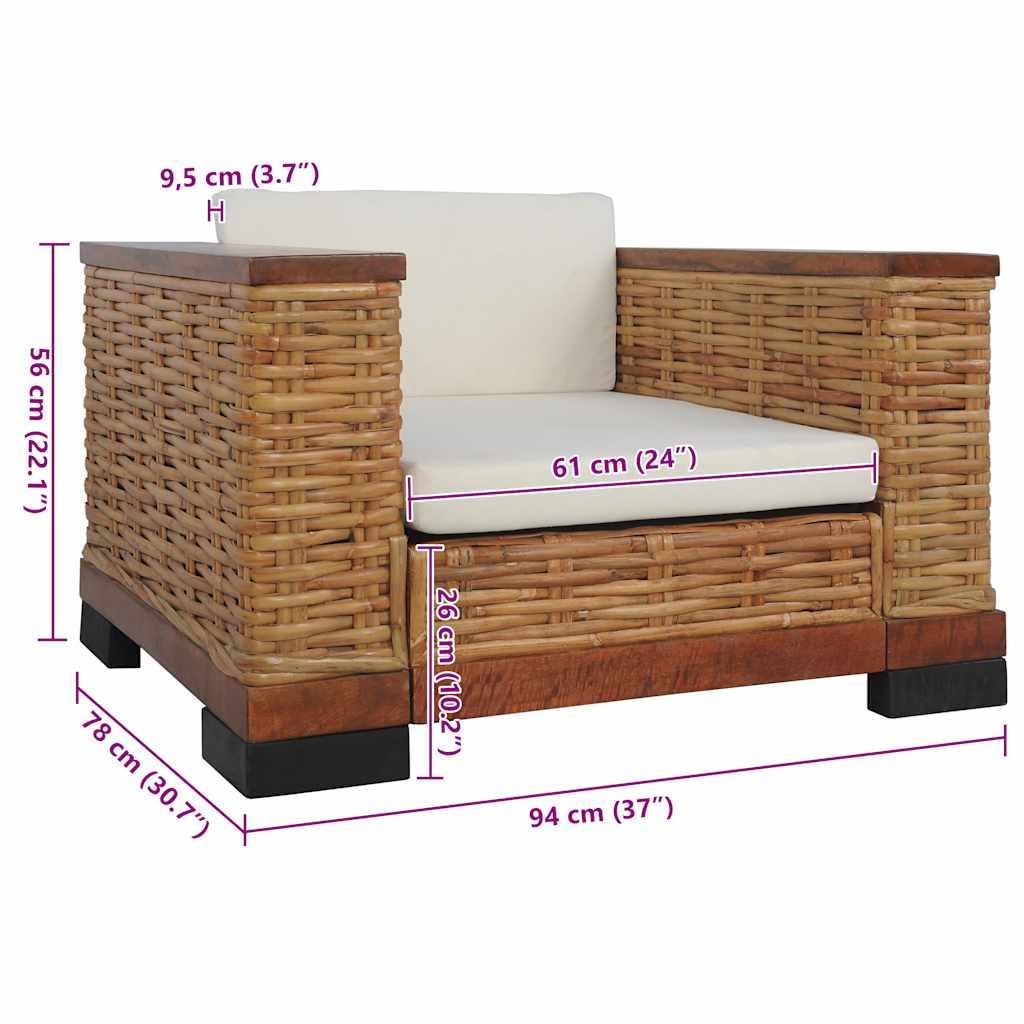 Poltrona in rattan con cuscino in rattan naturale e legno di mango, poltrona relax per soggiorno e giardino d'inverno, comoda poltrona in vimini con cuscino per seduta e schienale, marrone