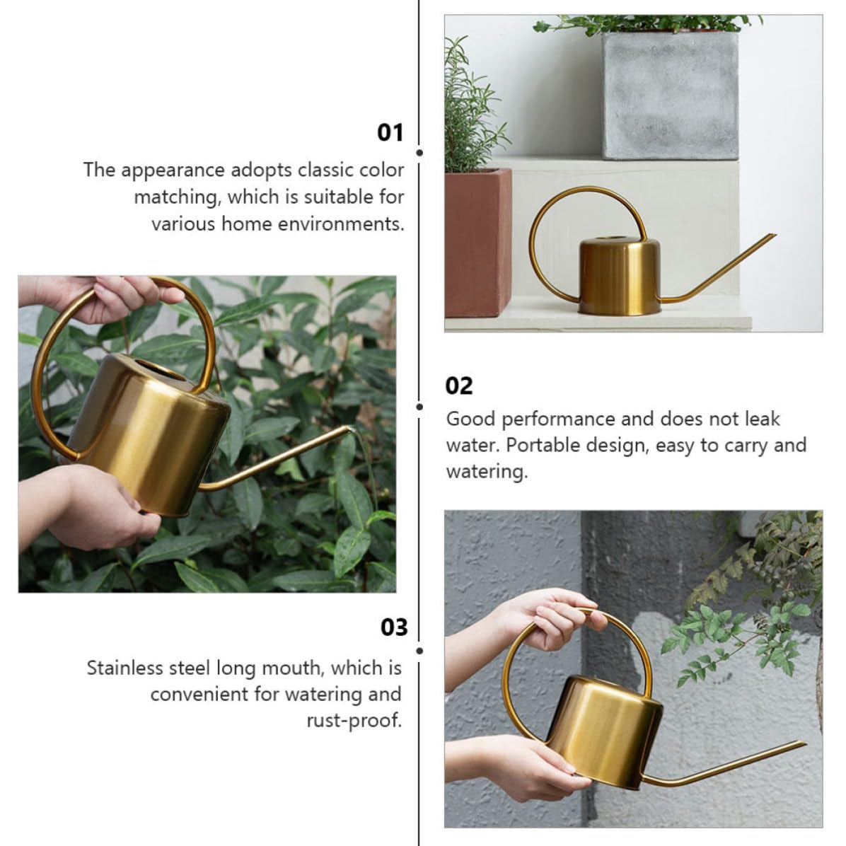 Toddmomy Regadera Metálica de Acero Inoxidable de 1300ml Diseño Portátil Fugas para Jardinería en Casa, Regadera Práctica y Clásica Color Dorado