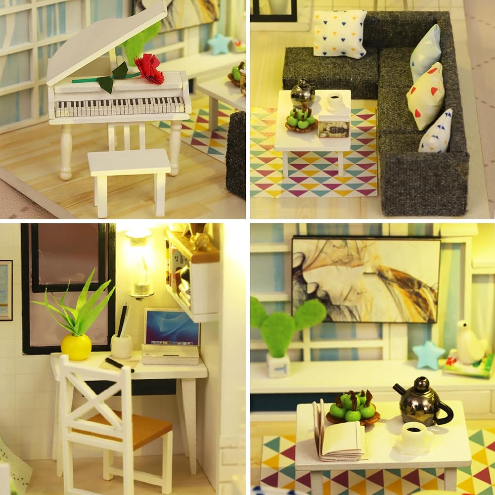 Kit fai da te in miniatura per casa delle bambole a 2 piani, modello moderno in legno con luci a LED, kit di costruzione fai da te, regalo creativo per hobby per adulti e ragazzi