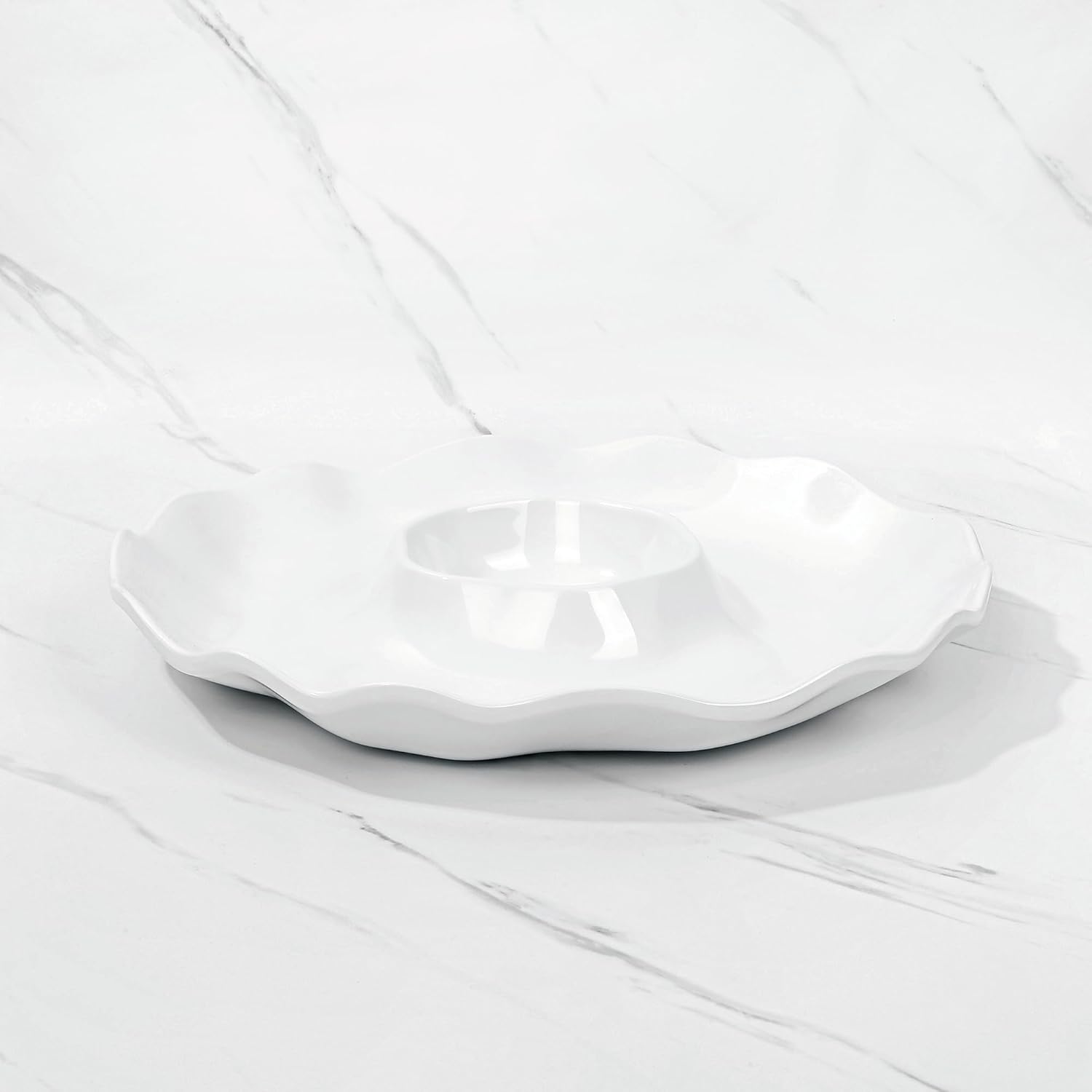 UP UPware Melamine Chip and Dip, 16 Inch Serving Platter for Appetizers, Chips, Cheese, Dessert, Salad, BPA-Free Dishwasher Safe Chip & Dip Platter (White)