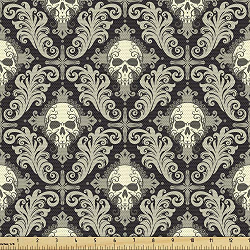 Lunarable Skull Fabric by The Yard, Skulls with Floral Curly Details Antique Victorian Design Gothic Elements, Decorative Fabric for Upholstery and Home Accents, 3 Yards, Black Taupe