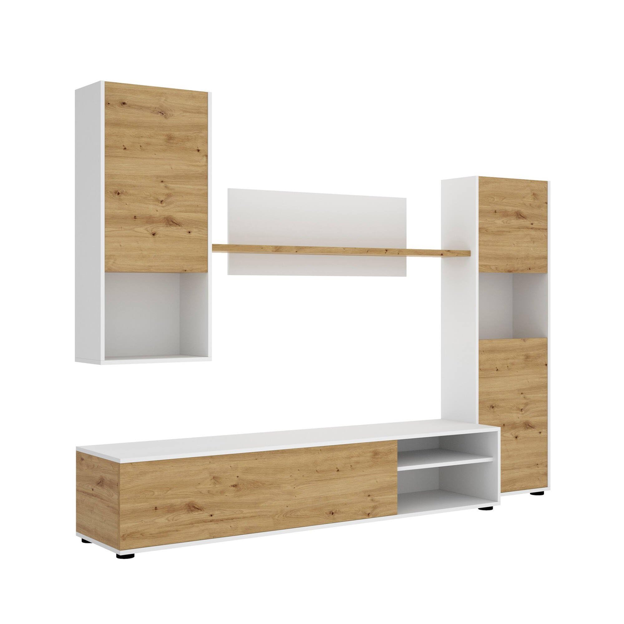 Dmora Parete Attrezzata Foraker 41x220x180h cm Marrone Rovere Nodi 9 Ripiani Modulabile, Apertura Battente e a Ribalta