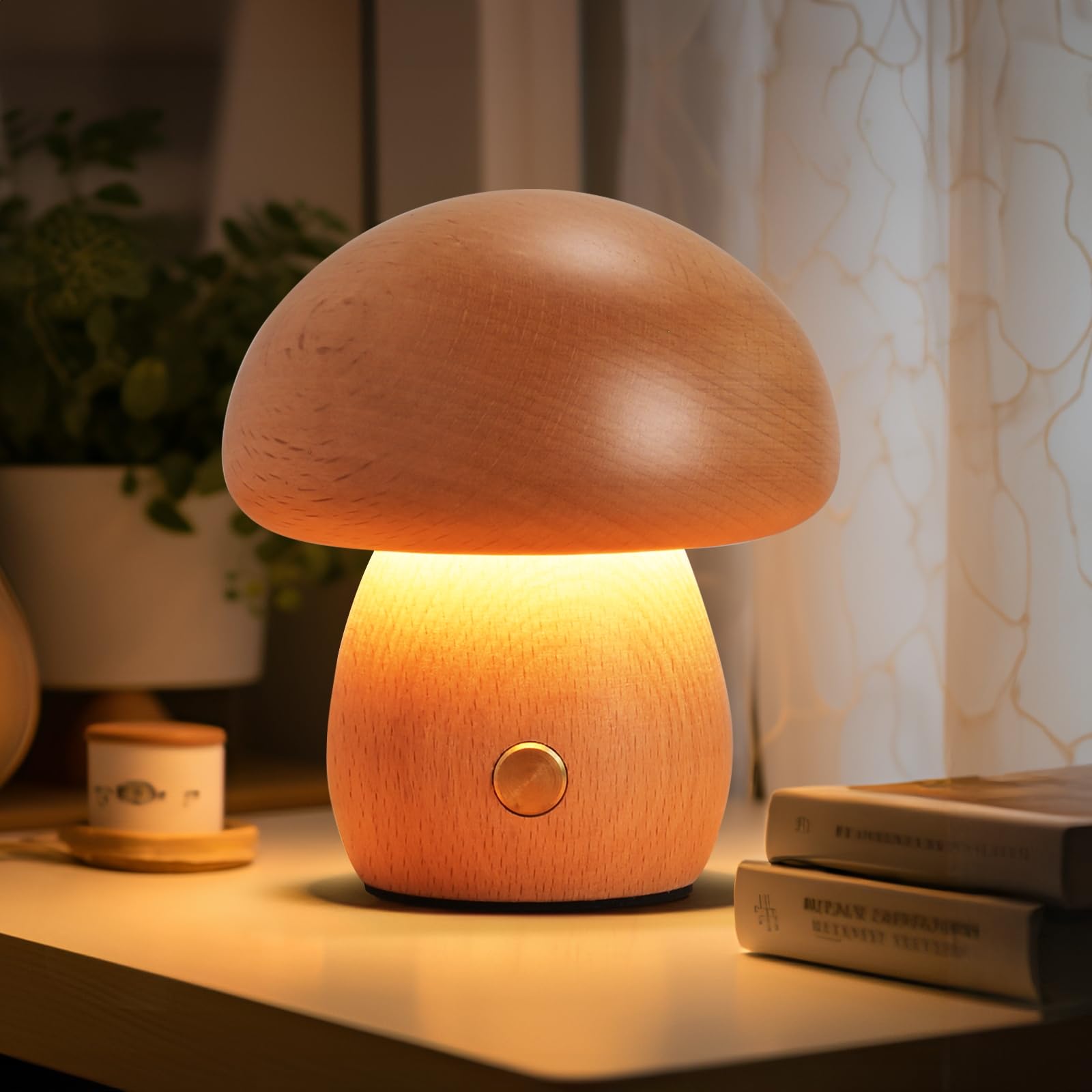 Wooden Mushroom Lamp, Portable Cordless Rechargeable Battery Operated Lamp,Stepless Dimming, Night Light for Birthday Gifts