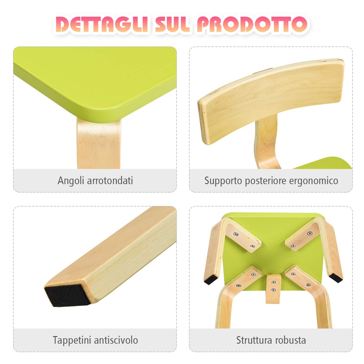 RELAX4LIFE Set Tavolo e 2 Sedie Bambini 3-12 Anni Legno Stabile Sicuro Design Ergonomico Multifunzione Giocare Mangiare Casa Asilo Verde